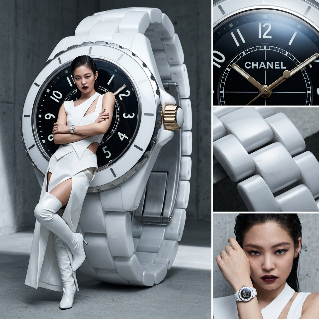A surreal high-fashion editorial photograph. A massive Chane...