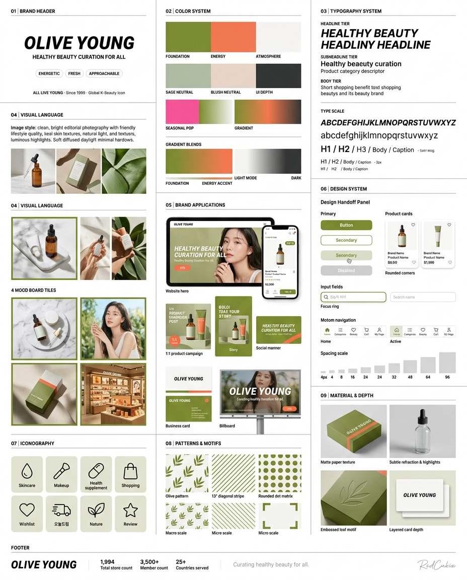 A comprehensive brand identity system poster for OLIVE YOUNG...