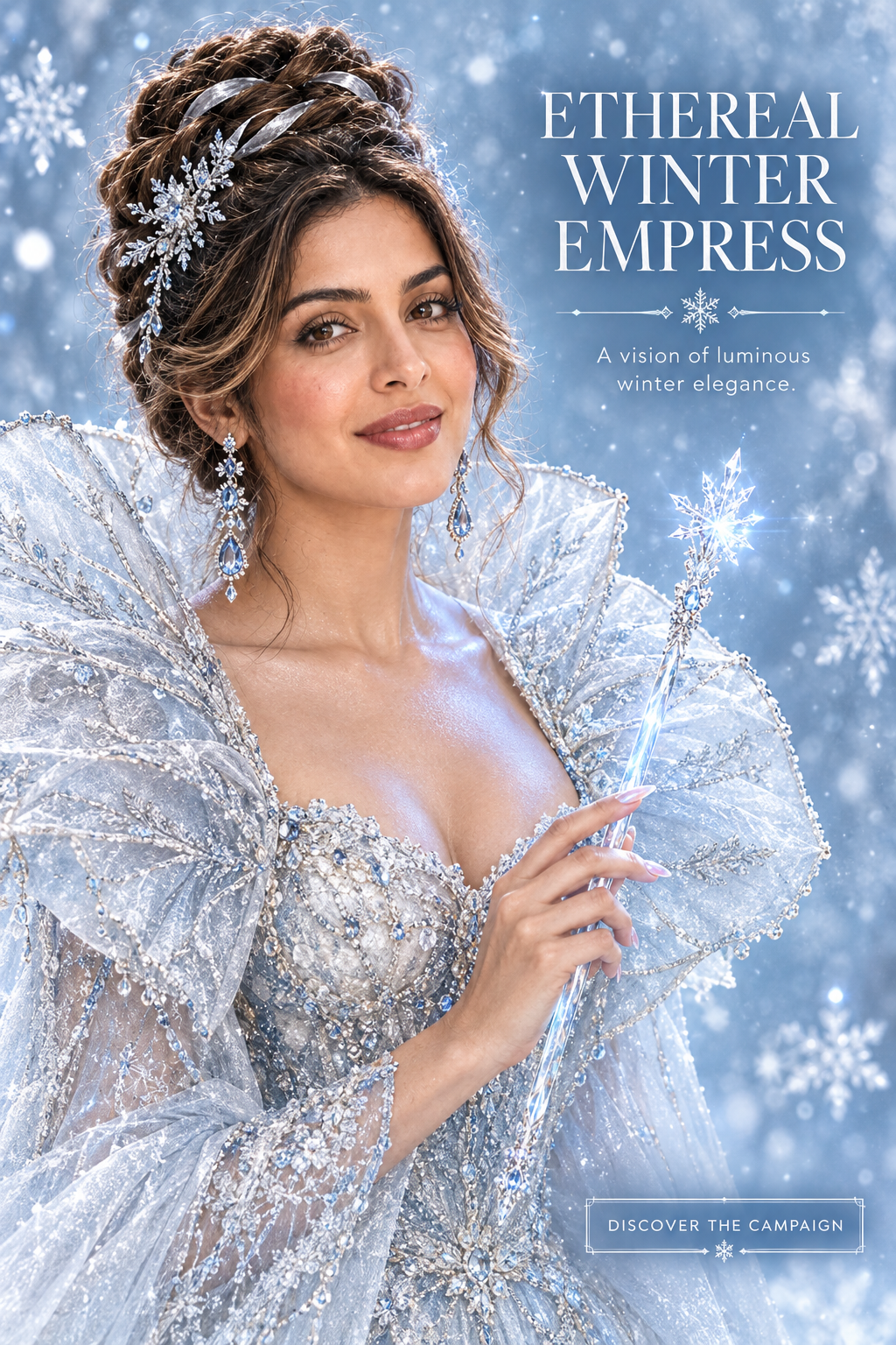 Create a finished vertical 2:3 luxury winter beauty campaign...